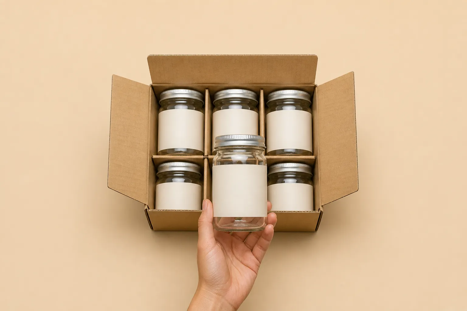 Carton export ouvert avec intercalaires contenant des bocaux en verre de 500 ml sur fond beige chaud