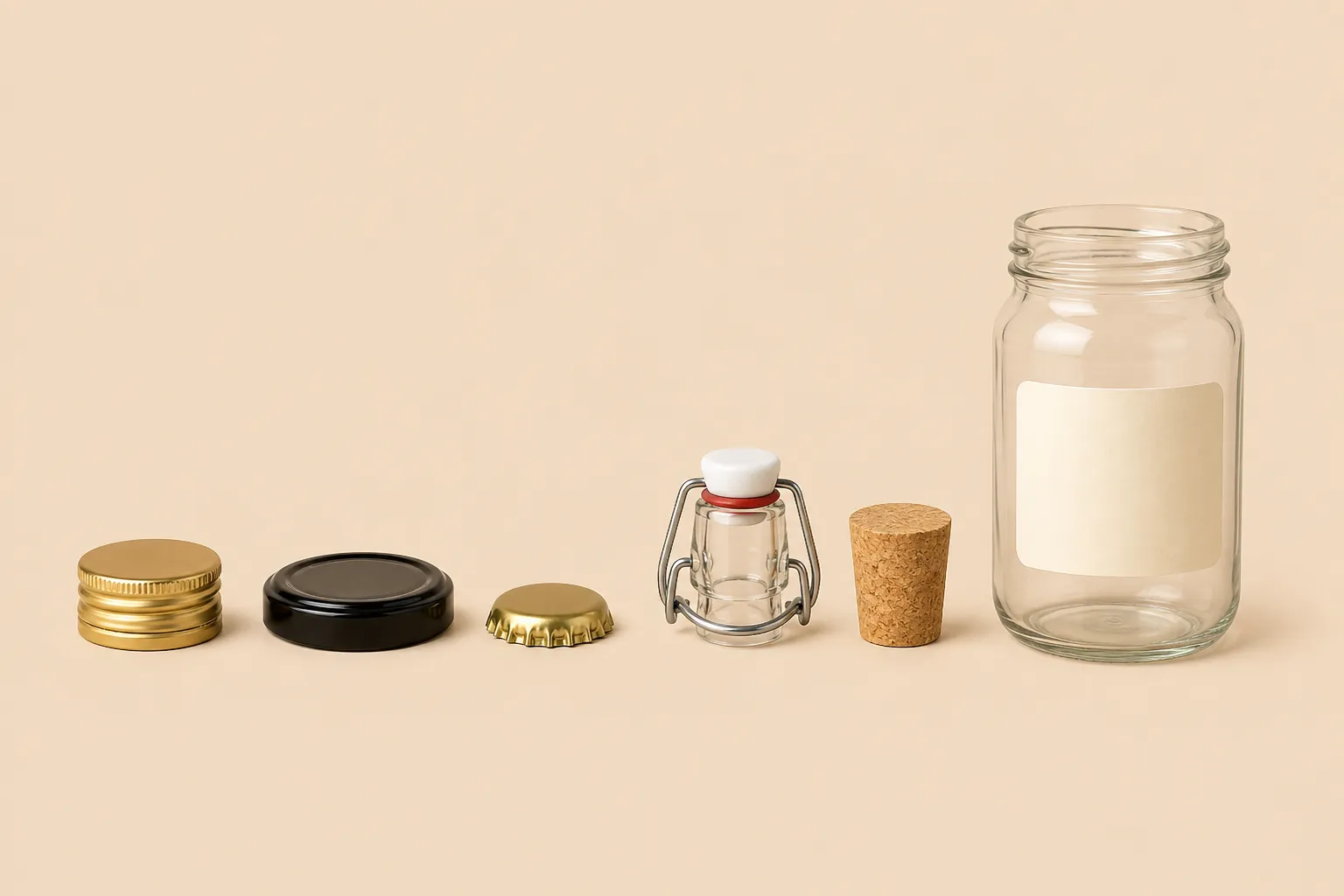Cinq types de fermeture alignés à côté d'un bocal en verre de 500 ml : couvercle à visser, bouchon aluminium, capsule couronne, mécanisme à bascule et liège