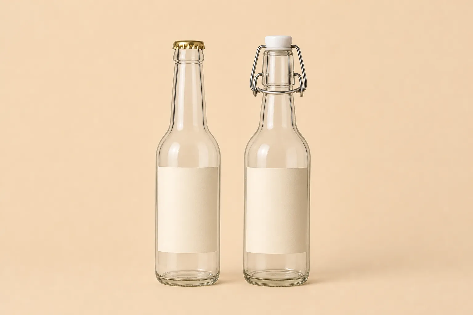 Botella de cerveza con chapa corona junto a una botella de palanca sobre fondo beige cálido