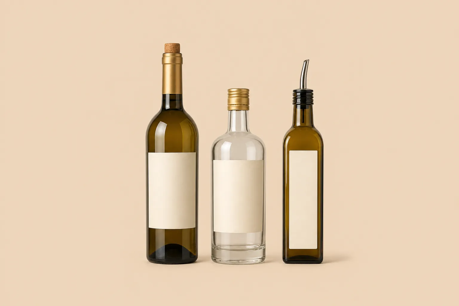 Botella de vino con corcho y cápsula junto a botella de licor con cápsula de aluminio y botella de aceite con pitorro