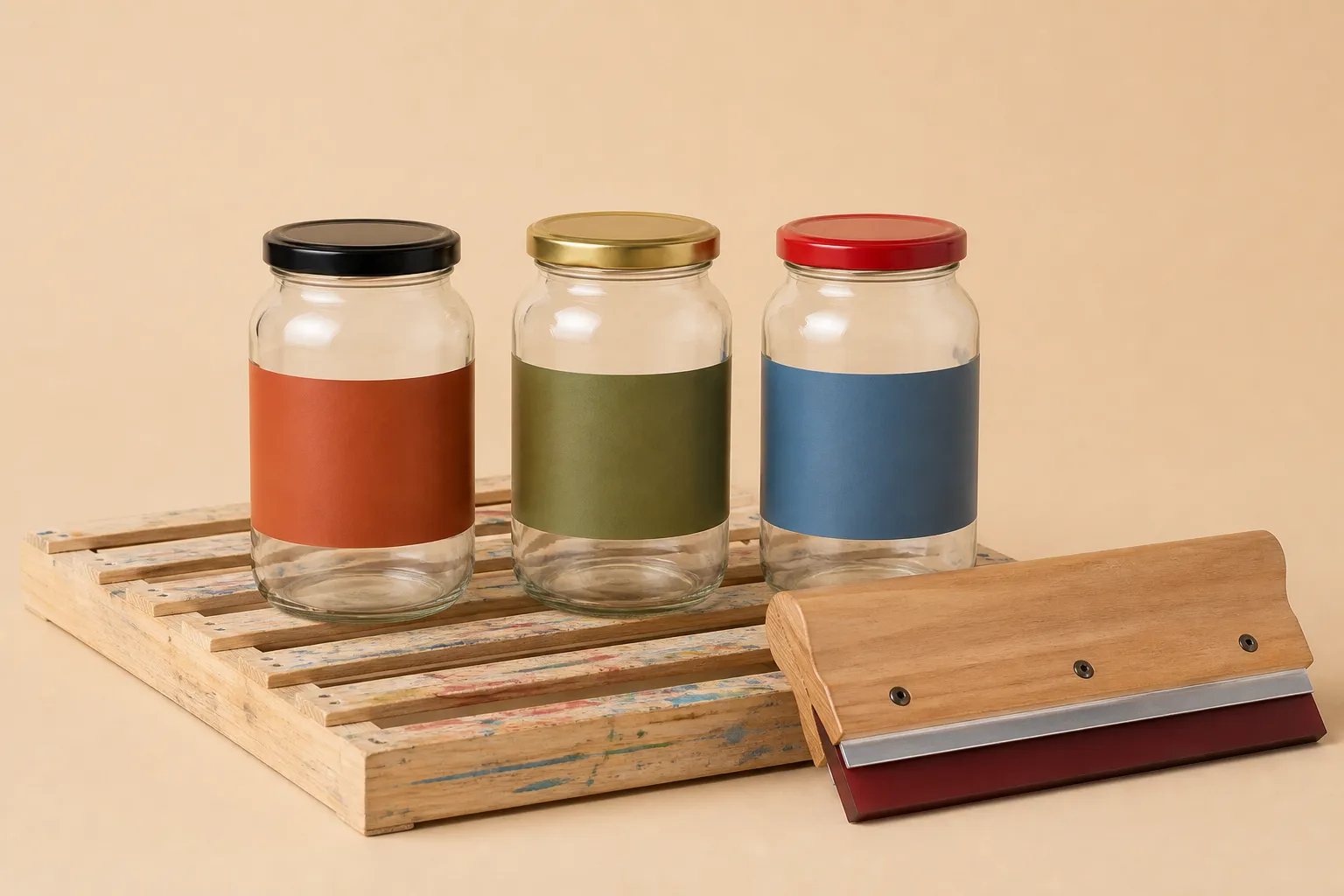 Stock-shape glass jars carrying screen-printed coloured bands and coloured caps on a drying rack