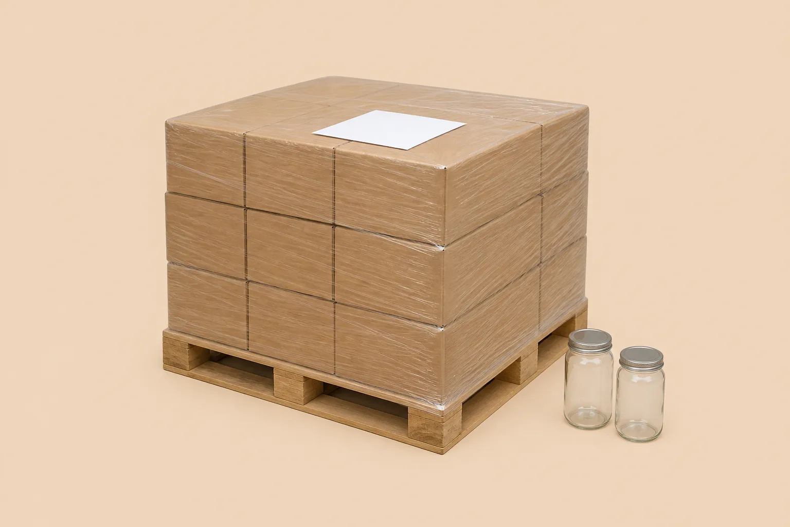 Glass jar export documents: a packing list sheet on a shrink-wrapped pallet of export cartons