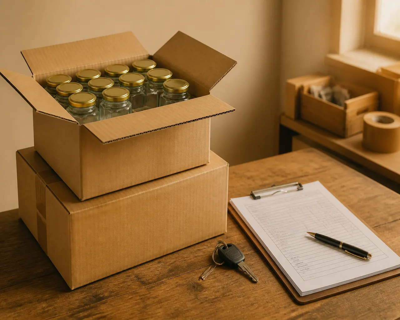 Export cartons of glass jars with shipping documents and truck keys on a table, the EXW responsibility handover