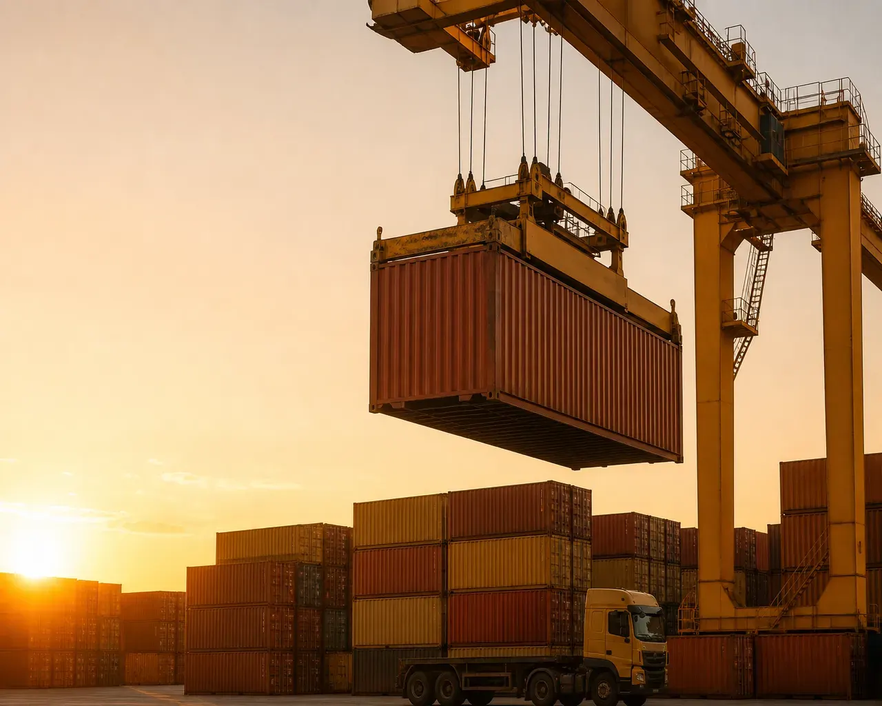 Portalkran hebt einen Exportcontainer auf einem Containerterminal – die Hauptbeförderung, die der Käufer unter EXW bucht