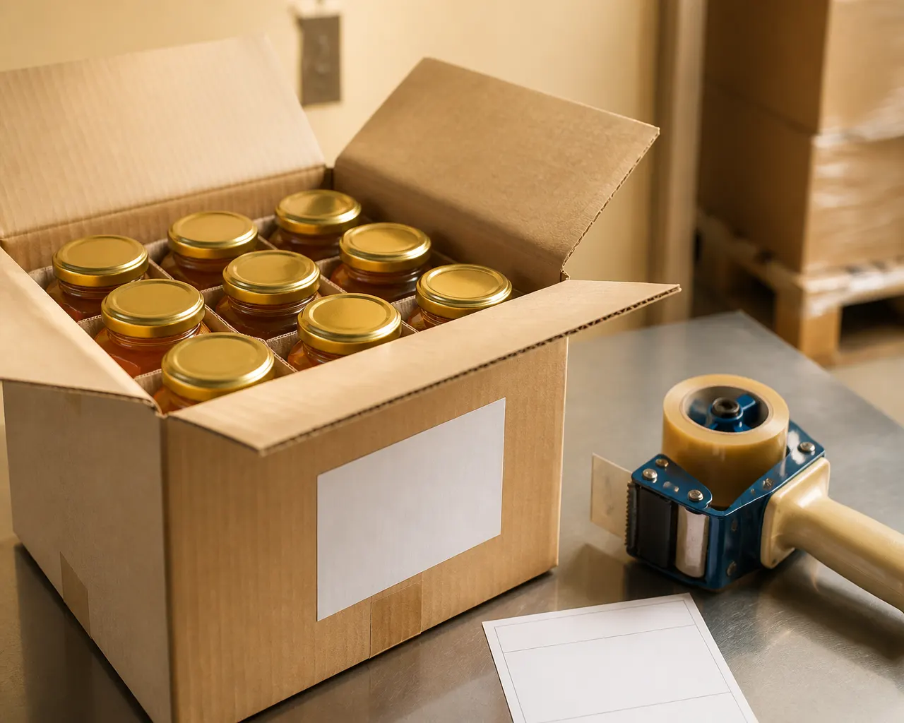 Exportkarton mit sechseckigen Honiggläsern auf dem Verpackungstisch, bereit zur Abholung gemäß EXW-Bedingungen