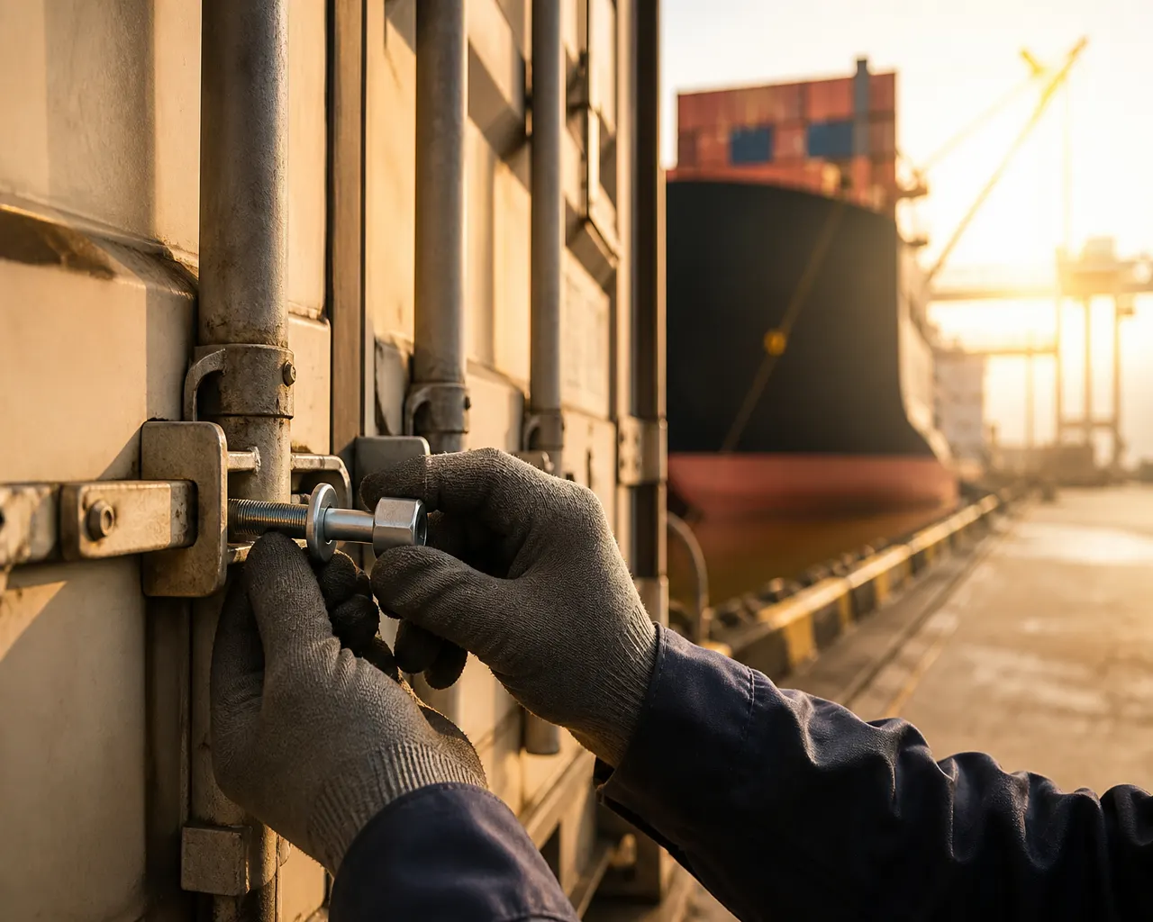 Handschuhbekleidete Hände bringen im Verladehafen unter FOB-Bedingungen eine Bolzenversiegelung an einem Exportcontainer an