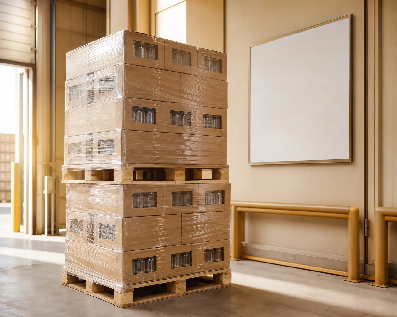 Shrink-wrapped pallets of export cartons ready for dispatch