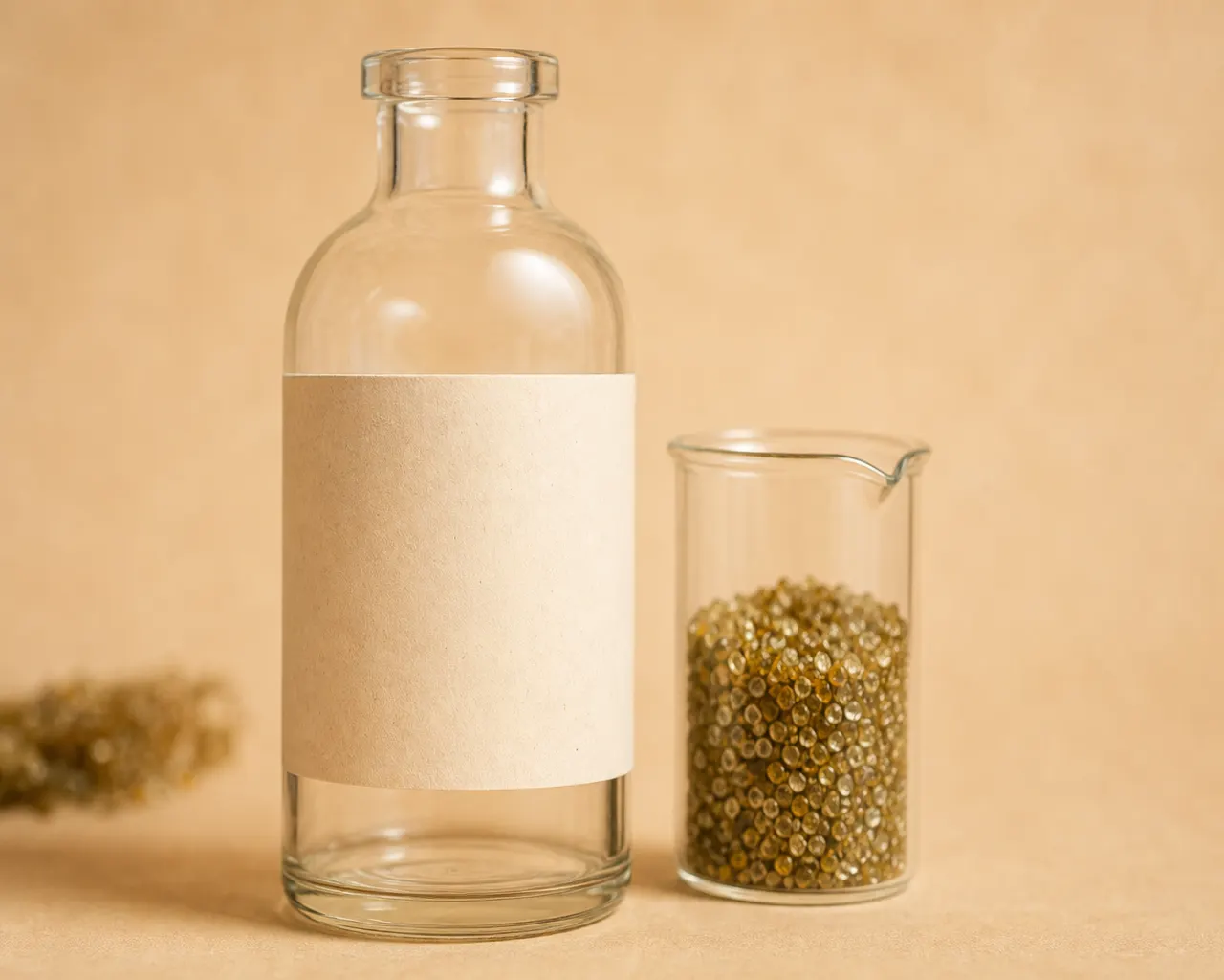 Botella de vidrio claro con etiqueta crema en blanco junto a un vaso de granos de casco ámbar-verde