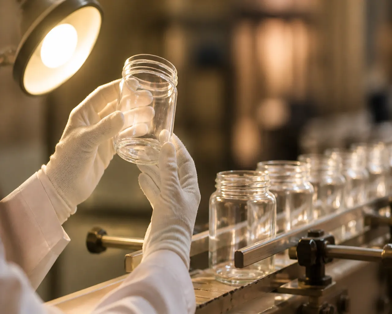 Inspector checking a glass jar under warm light for PPWR compliance