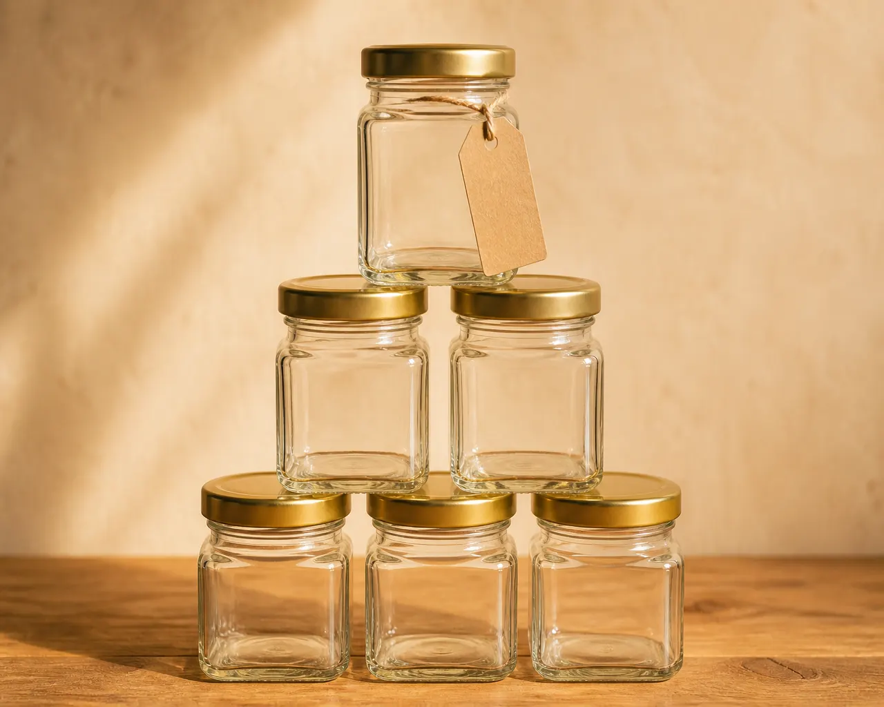 Stack of square glass honey jars prepared for reuse loops