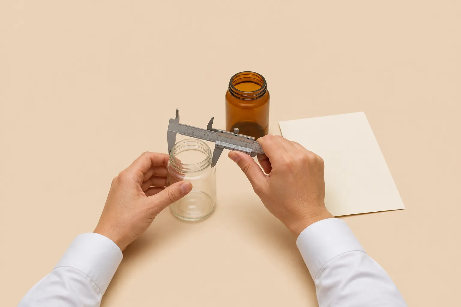 Inspector checking a glass jar sample with calipers beside a label panel artwork sheet on a warm beige bench