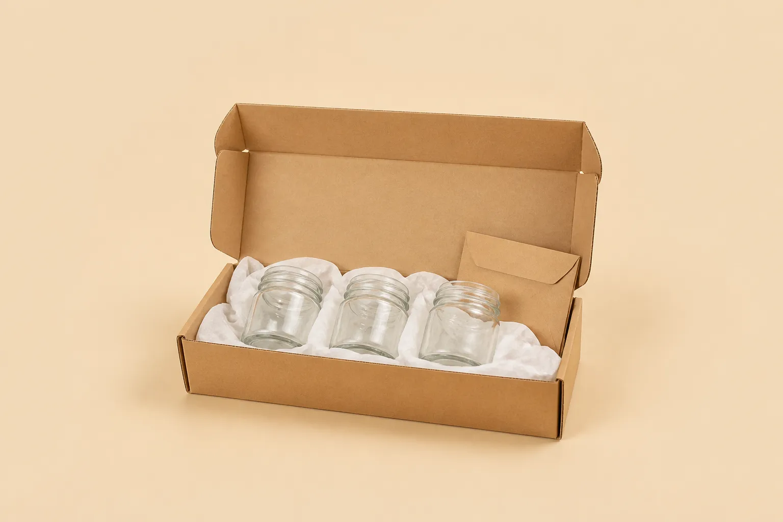 Open courier carton with three glass jar samples in tissue wrap and a document envelope on a warm beige background