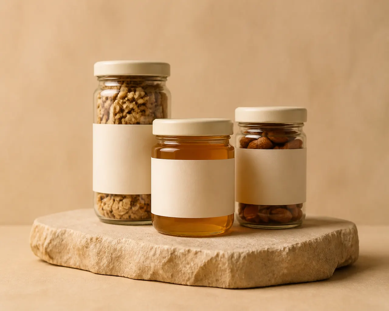 Minimalist glass jars with blank cream labels, a 2026 packaging design trend