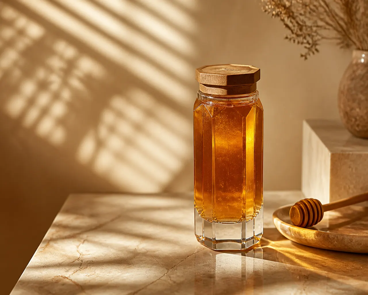Faceted prism glass honey jar catching warm window light