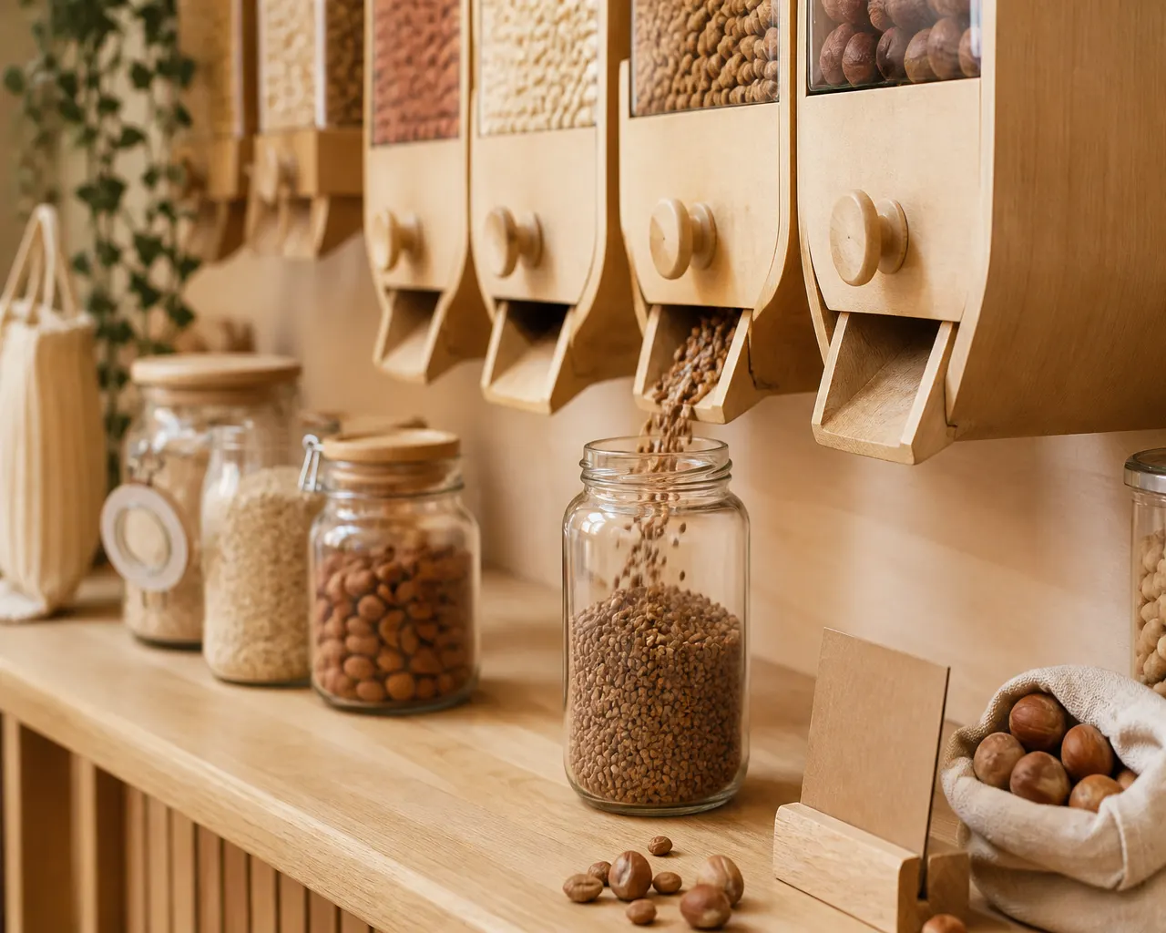 Refill station with gravity dispensers filling glass jars