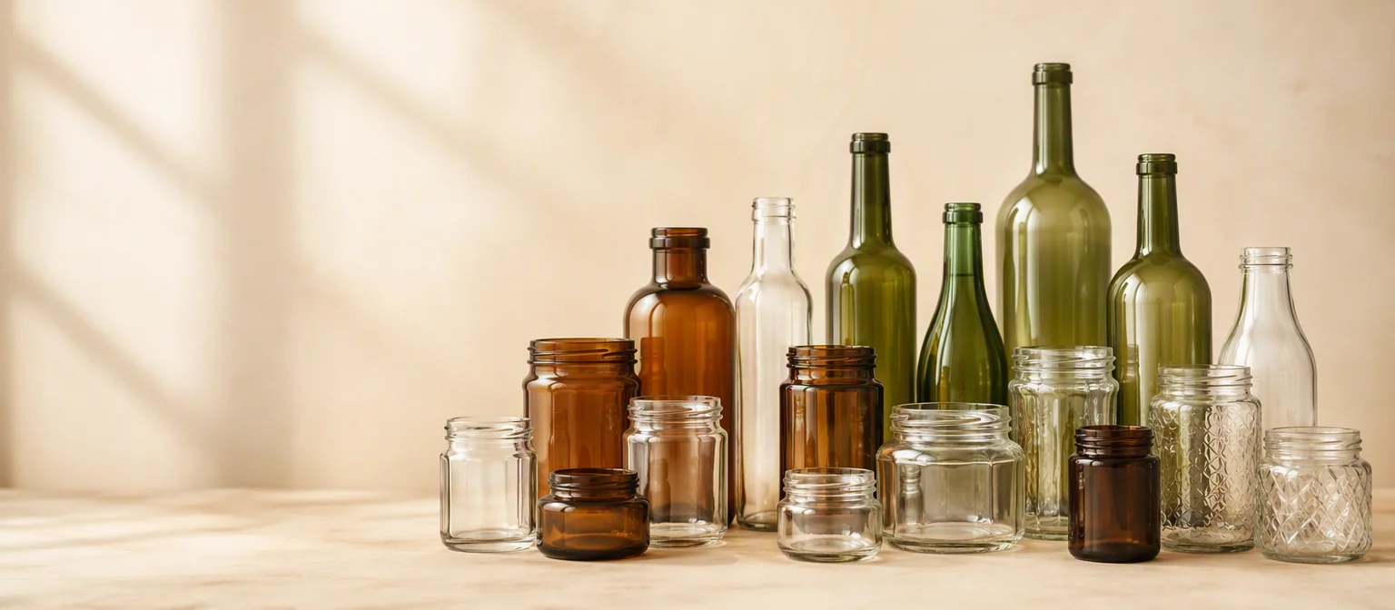 Assorted glass jars and bottles in clear, amber and green