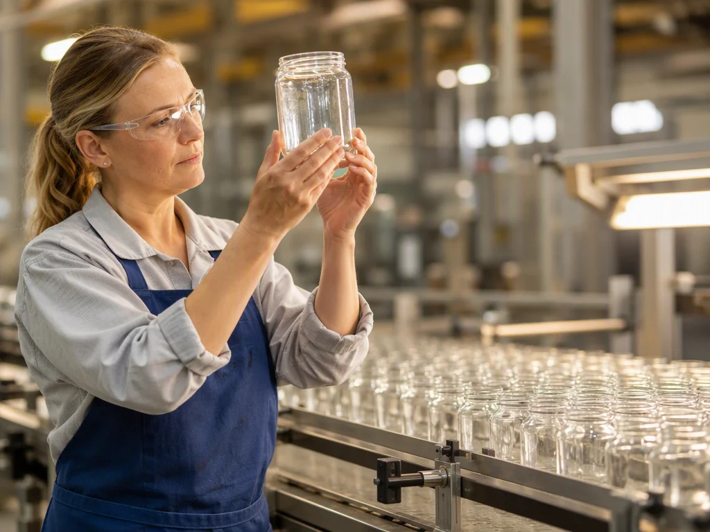 Quality inspector checking glass jars on the line